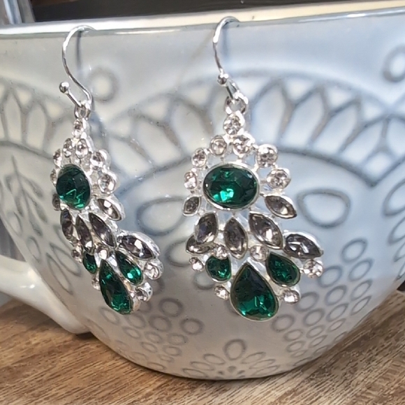 Jewelry - Sparkling Silver and Green Crystal Earrings